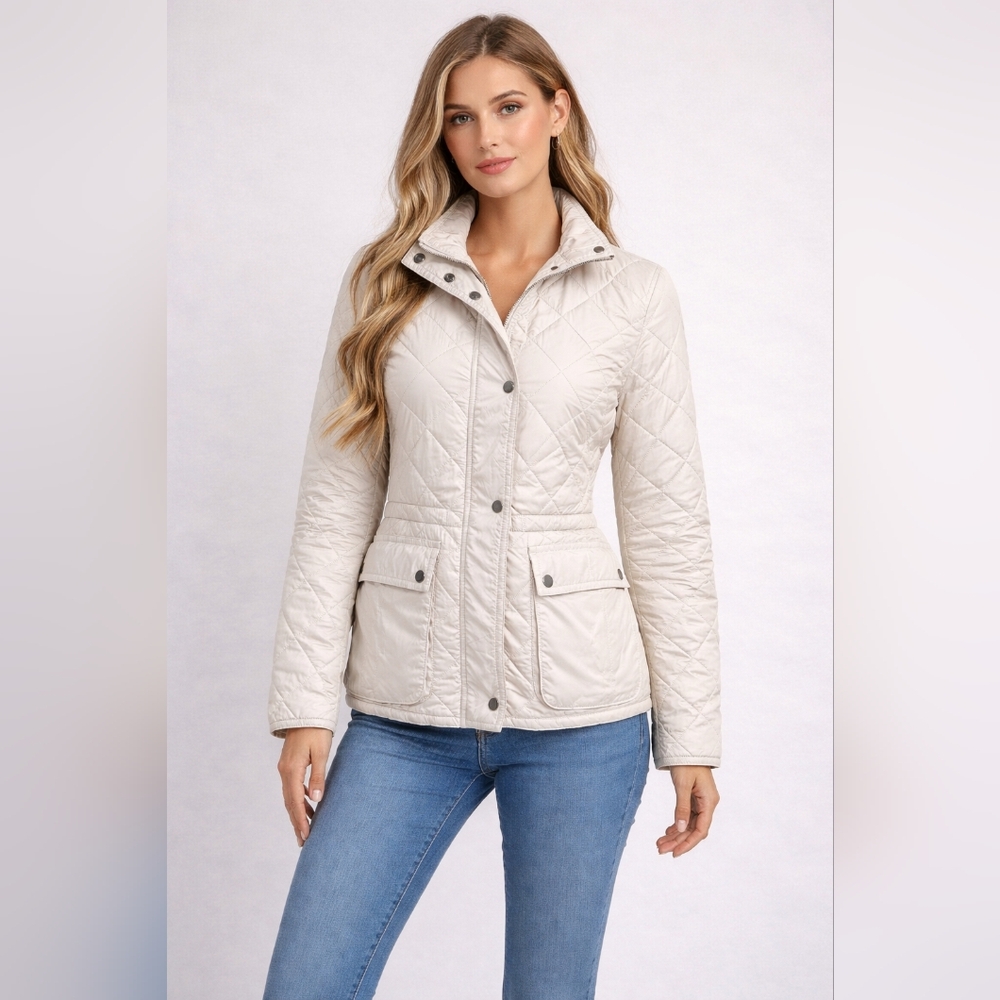 Coach Cream Quilted Puffer Jacket with Lapels Size Small